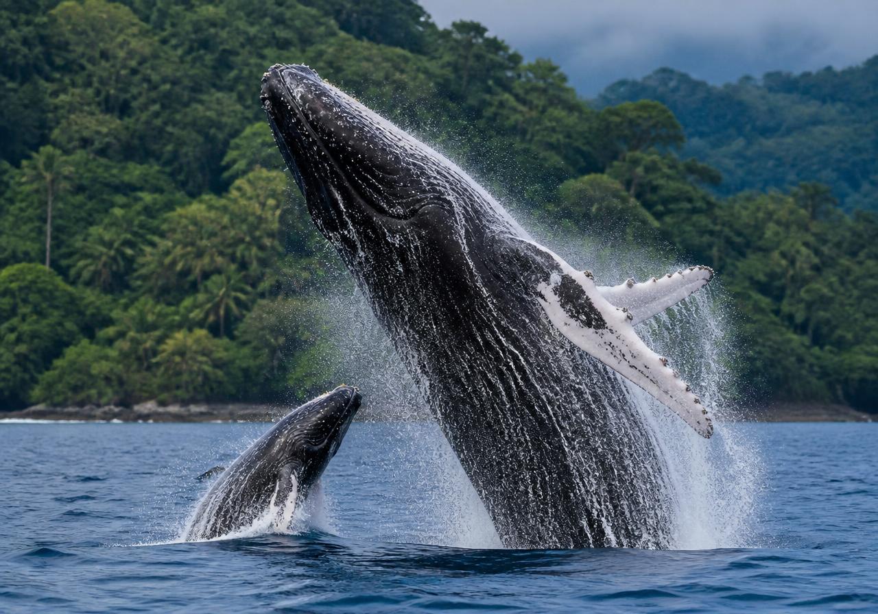 Ballena jorobada saltando frente a la costa Pacífica colombiana