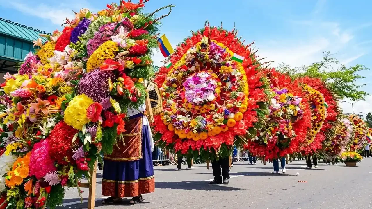 Campesinos cargando arreglos florales en el Desfile de Silleteros durante la Feria de las Flores 2026; consulta nuestros paquetes y disponibilidad de transporte.