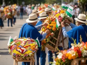 Desfile de silleteros con arreglos florales monumentales durante la Feria de las Flores; reserva ahora tus tours y paquetes de viaje.